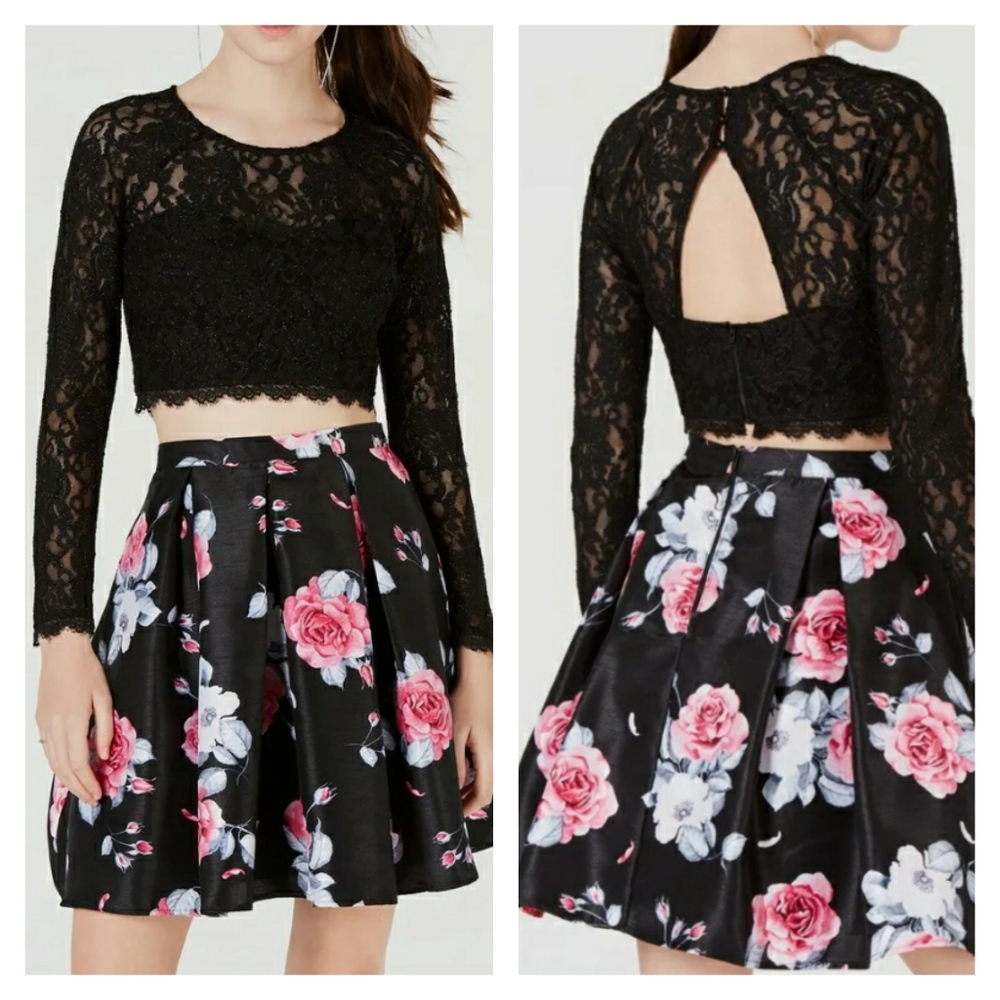 SEQUIN HEARTS Black Glitter Lace Crop Top With Floral Pink Print Skater Skirt 3
